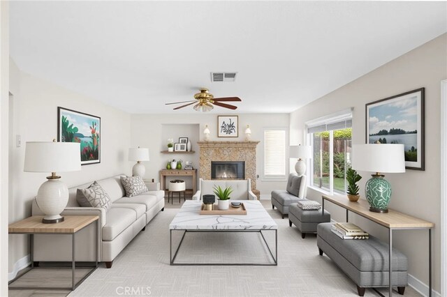 31772 Ridgeview Dr, Lake Elsinore, CA 92532 - living area featuring a ceiling fan and a high end fireplace