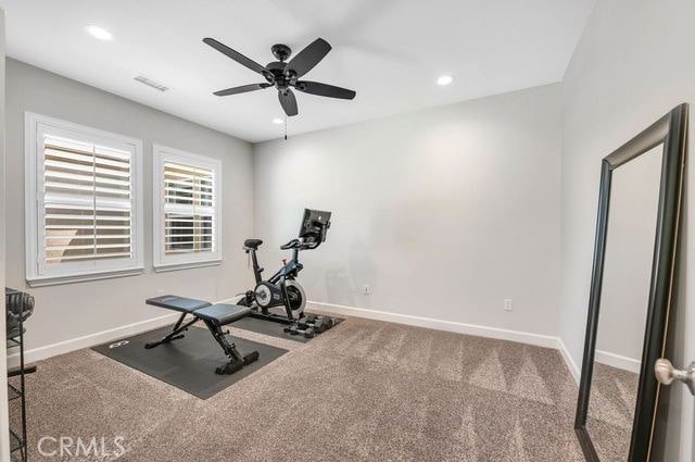 33303 Barmetta Ln, Temecula, CA 92592 - exercise area with a ceiling fan, carpet flooring, and recessed lighting