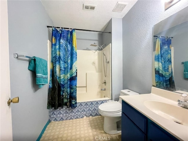 37543 Royal Ct, Palmdale, CA 93552 - full bathroom featuring vanity, shower / tub combo with curtain, tile patterned floors, and a textured ceiling