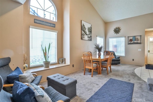 7331 Belpine Pl Unit 31, Rancho Cucamonga, CA 91730 - living area with high vaulted ceiling, carpet, and healthy amount of natural light