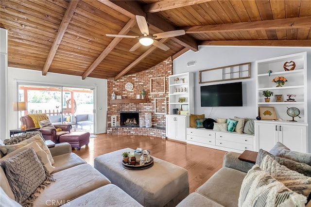 1239 Highridge St, Riverside, CA 92506 - living area featuring wooden ceiling, a ceiling fan, wood finished floors, and a brick fireplace