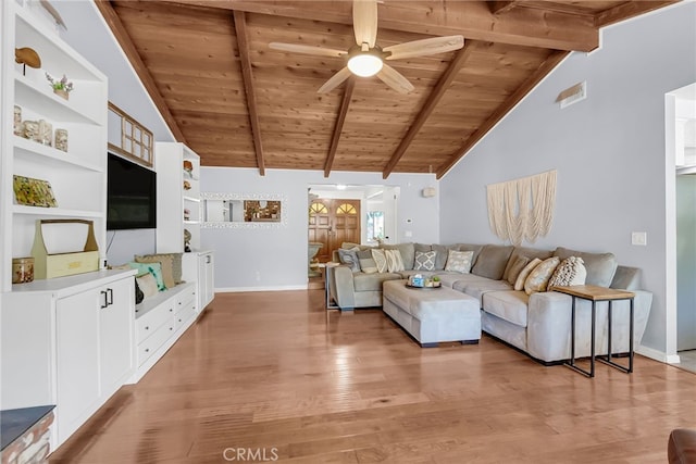 1239 Highridge St, Riverside, CA 92506 - living area with a wooden ceiling with exposed beams, light wood-style floors, ceiling fan, high vaulted ceiling, and built in features