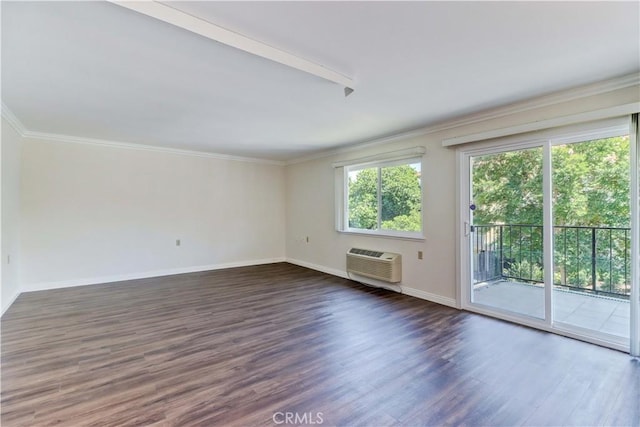 2391 Via Mariposa W Unit 2E, Laguna Woods, CA 92637 - empty room with dark wood-style floors, ornamental molding, and a wall unit AC