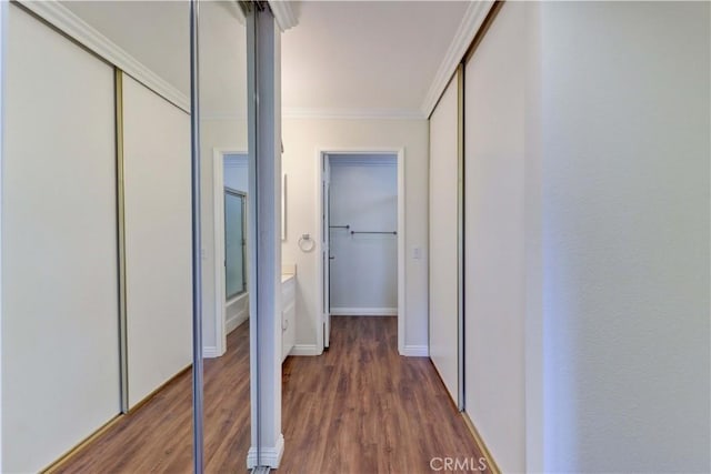 2391 Via Mariposa W Unit 2E, Laguna Woods, CA 92637 - hall featuring wood finished floors and ornamental molding