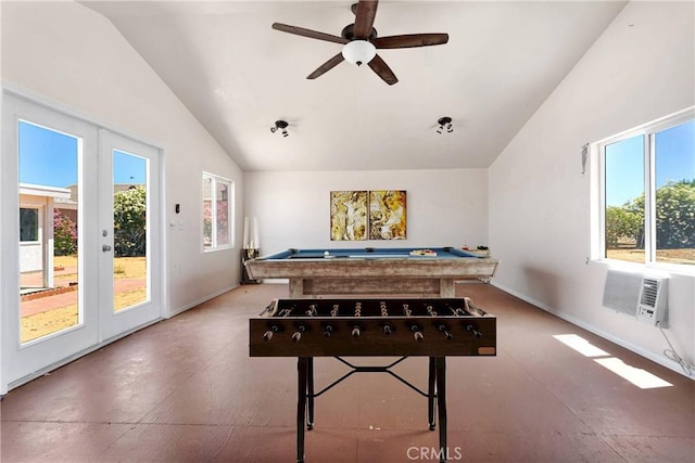 7720 Windsor Ave, Hesperia, CA 92345 - rec room featuring lofted ceiling, billiards, a ceiling fan, and a wall mounted air conditioner