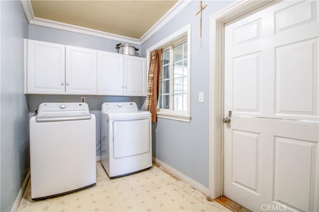 52685 Saddleback Rd, Anza, CA 92539 - laundry room featuring cabinet space, separate washer and dryer, ornamental molding, and light floors