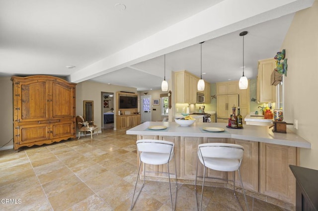 401 S Brent St, Ventura, CA 93003 - kitchen with paneled built in fridge, a peninsula, light countertops, hanging light fixtures, and beamed ceiling
