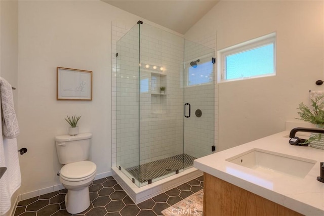 866 Central Park Dr, Paradise, CA 95969 - bathroom featuring lofted ceiling, a shower stall, vanity, and tile patterned floors