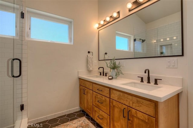 866 Central Park Dr, Paradise, CA 95969 - full bathroom featuring double vanity, a stall shower, and tile patterned floors