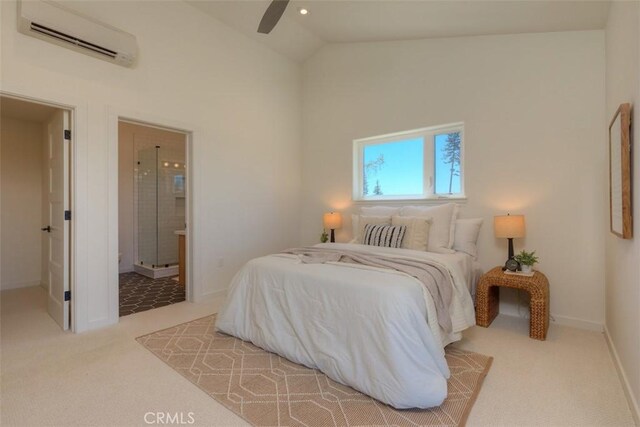 866 Central Park Dr, Paradise, CA 95969 - bedroom with a wall mounted AC, carpet floors, ensuite bathroom, high vaulted ceiling, and ceiling fan