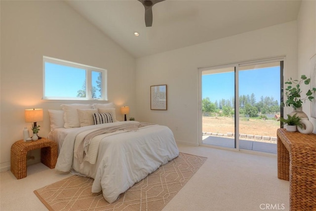 866 Central Park Dr, Paradise, CA 95969 - bedroom featuring access to exterior, light colored carpet, vaulted ceiling, a ceiling fan, and recessed lighting
