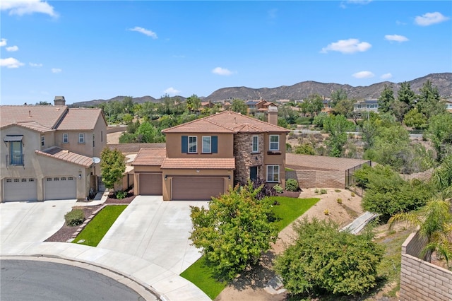 23812 Cook Ct, Wildomar, CA 92595 - view of front of property featuring stucco siding, a tiled roof, driveway, a mountain view, and a residential view