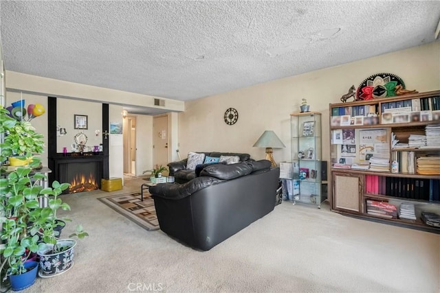 13903 Sherman Way Unit 8, Van Nuys, CA 91405 - carpeted living area featuring a textured ceiling and a lit fireplace