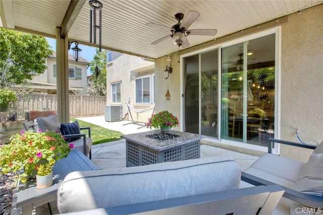 44837 Checkerbloom Dr, Temecula, CA 92592 - view of patio featuring a ceiling fan and a fire pit