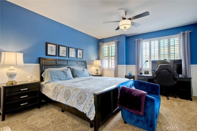 44837 Checkerbloom Dr, Temecula, CA 92592 - bedroom with a wainscoted wall, carpet, a desk, and a ceiling fan