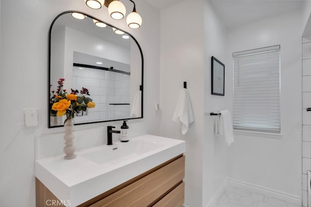 1440 Riviera Dr, Pasadena, CA 91107 - bathroom with vanity, a shower, and marble look tiles