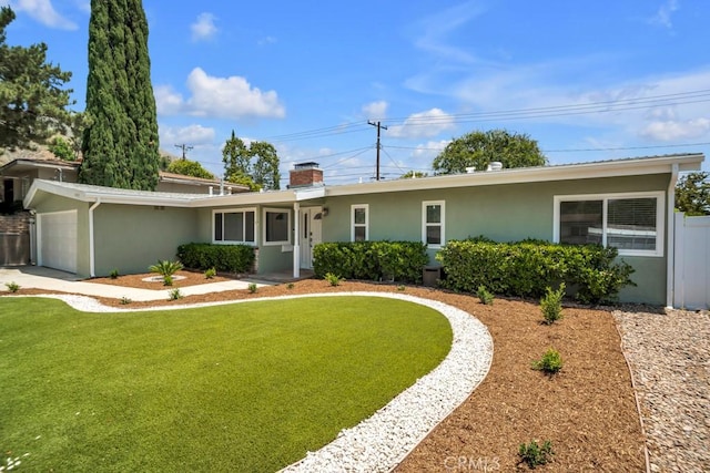 1440 Riviera Dr, Pasadena, CA 91107 - ranch-style home with stucco siding, a garage, a front yard, and a chimney