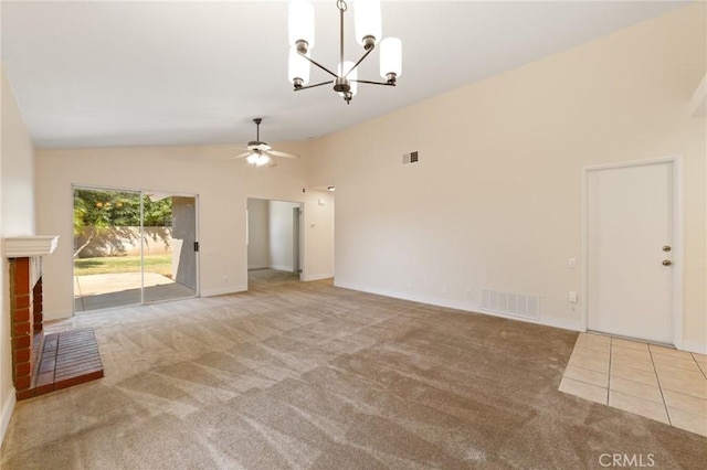 4108 Sunnysage Dr, Jurupa Valley, CA 92509 - unfurnished living room with carpet, lofted ceiling, ceiling fan, and a chandelier