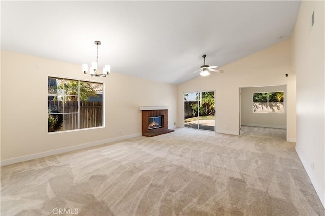 4108 Sunnysage Dr, Jurupa Valley, CA 92509 - unfurnished living room featuring light carpet, a chandelier, a brick fireplace, ceiling fan, and high vaulted ceiling