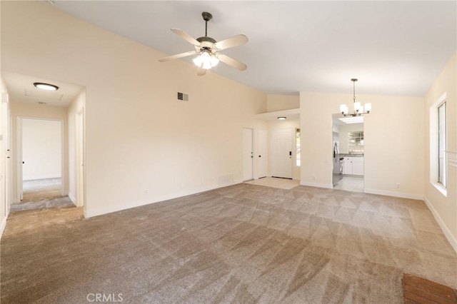 4108 Sunnysage Dr, Jurupa Valley, CA 92509 - unfurnished room featuring lofted ceiling, light carpet, ceiling fan, and a chandelier
