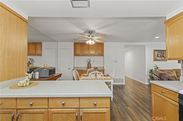 26817 Oak Branch Cir, Newhall, CA 91321 - kitchen with stainless steel microwave, light countertops, a ceiling fan, and dark wood-style flooring