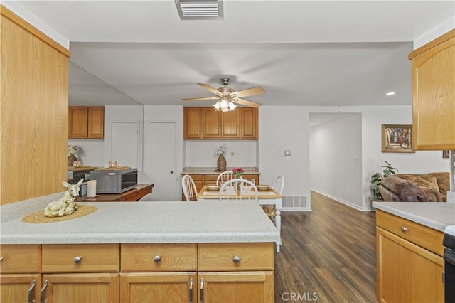 26817 Oak Branch Cir, Newhall, CA 91321 - kitchen with stainless steel microwave, light countertops, a ceiling fan, and dark wood-style flooring