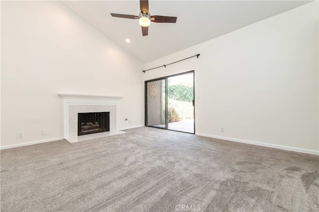 9411 Friendly Woods Ln, Whittier, CA 90605 - unfurnished living room featuring carpet, high vaulted ceiling, a fireplace, ceiling fan, and recessed lighting