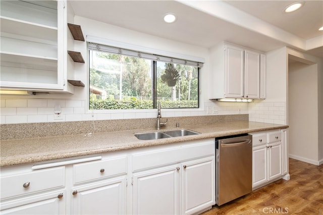9411 Friendly Woods Ln, Whittier, CA 90605 - kitchen with dishwasher, white cabinets, recessed lighting, tasteful backsplash, and open shelves