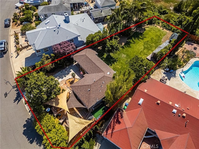 2023 Republic Ave, Costa Mesa, CA 92627 - aerial view of property and surrounding area featuring property parcel outlined and a pool