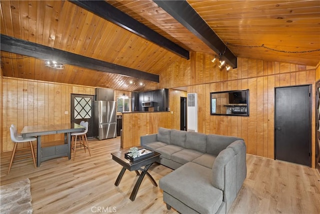 990 Nesthorn Dr, Crestline, CA 92325 - living area featuring wooden walls, light wood-type flooring, and wood ceiling