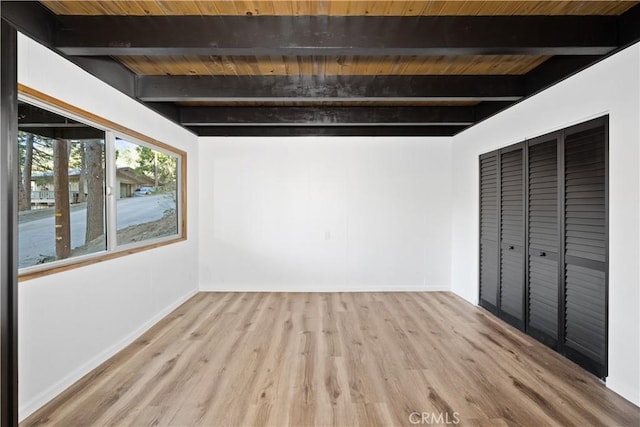 990 Nesthorn Dr, Crestline, CA 92325 - unfurnished bedroom featuring wood finished floors, a wood ceiling with exposed beams, and a closet