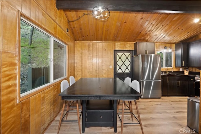 990 Nesthorn Dr, Crestline, CA 92325 - dining room featuring wooden walls, wooden ceiling, and light wood-type flooring