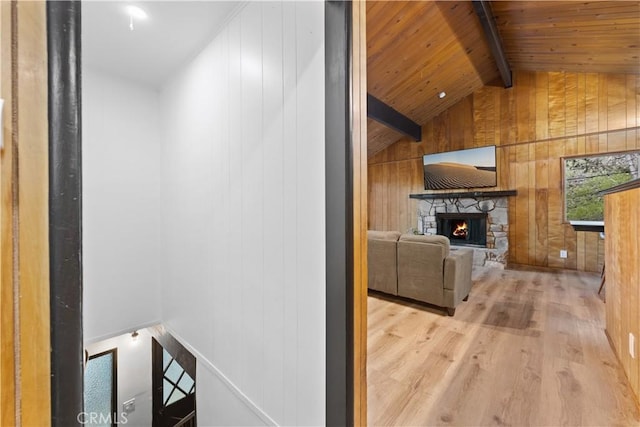 990 Nesthorn Dr, Crestline, CA 92325 - corridor with wood walls, wood finished floors, an upstairs landing, and wooden ceiling