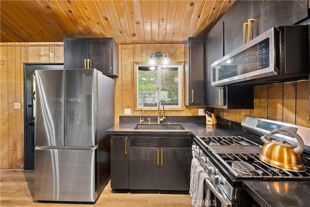 990 Nesthorn Dr, Crestline, CA 92325 - kitchen with stainless steel appliances, wood ceiling, dark countertops, wooden walls, and light wood finished floors