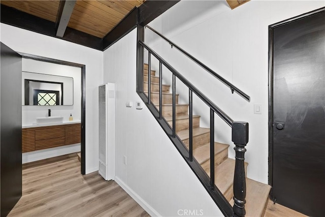990 Nesthorn Dr, Crestline, CA 92325 - stairway with a heating unit, wood finished floors, and a wooden ceiling with exposed beams