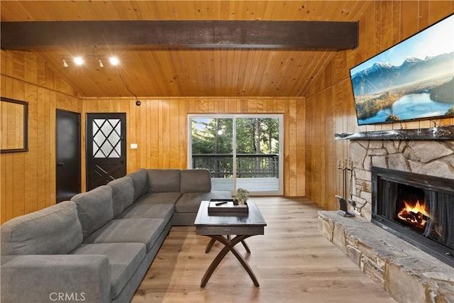 990 Nesthorn Dr, Crestline, CA 92325 - living area featuring wood ceiling, wood finished floors, wooden walls, and a fireplace