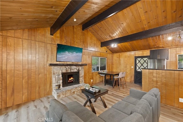 990 Nesthorn Dr, Crestline, CA 92325 - living room featuring wooden walls, wood finished floors, a stone fireplace, and wooden ceiling