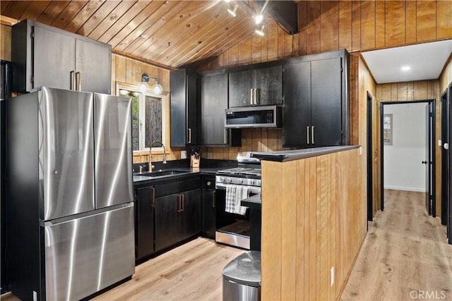 990 Nesthorn Dr, Crestline, CA 92325 - kitchen with stainless steel appliances, lofted ceiling, wooden walls, light wood finished floors, and wooden ceiling
