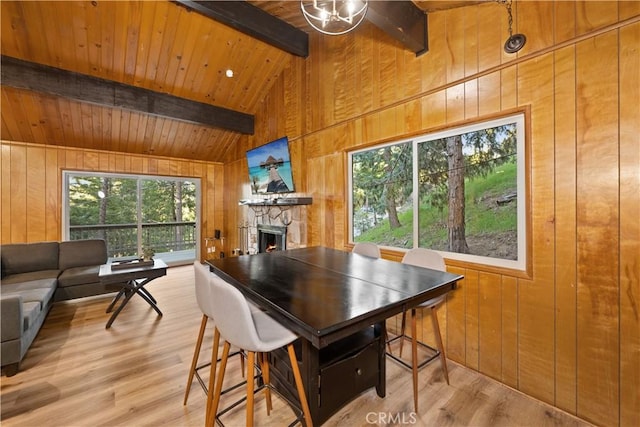 990 Nesthorn Dr, Crestline, CA 92325 - dining space featuring wooden walls, a warm lit fireplace, light wood-style flooring, a wooden ceiling with exposed beams, and high vaulted ceiling