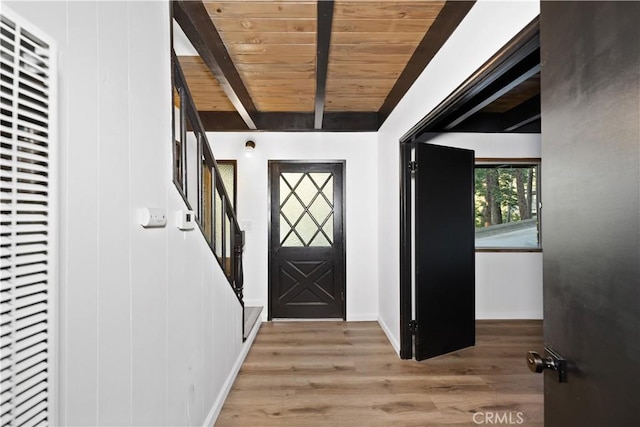 990 Nesthorn Dr, Crestline, CA 92325 - foyer featuring a heating unit, wood finished floors, a wood ceiling with exposed beams, and stairway