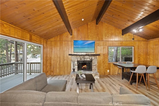 990 Nesthorn Dr, Crestline, CA 92325 - living area with wood finished floors, plenty of natural light, wood walls, wood ceiling, and a stone fireplace