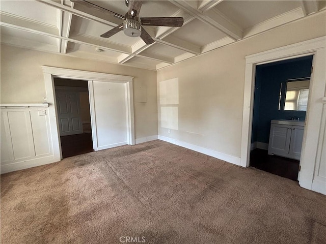1646 Cimarron St, Los Angeles, CA 90019 - unfurnished bedroom featuring coffered ceiling, carpet, beamed ceiling, a ceiling fan, and a closet