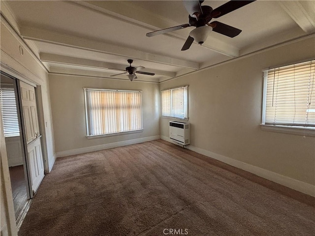 1646 Cimarron St, Los Angeles, CA 90019 - carpeted spare room featuring heating unit, beamed ceiling, and ceiling fan