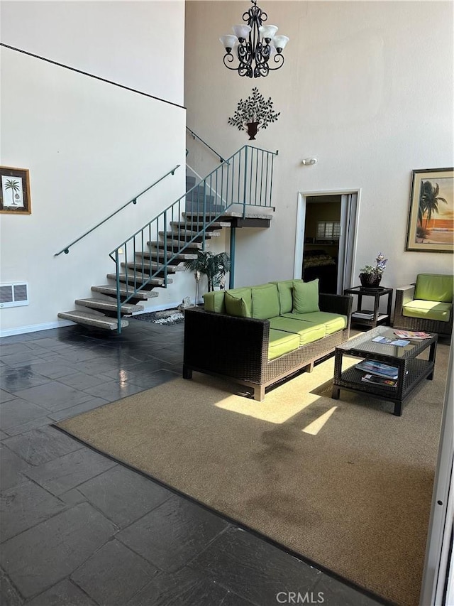 22943 Maple Ave Unit A, Torrance, CA 90505 - living area featuring stairs, a chandelier, and a high ceiling