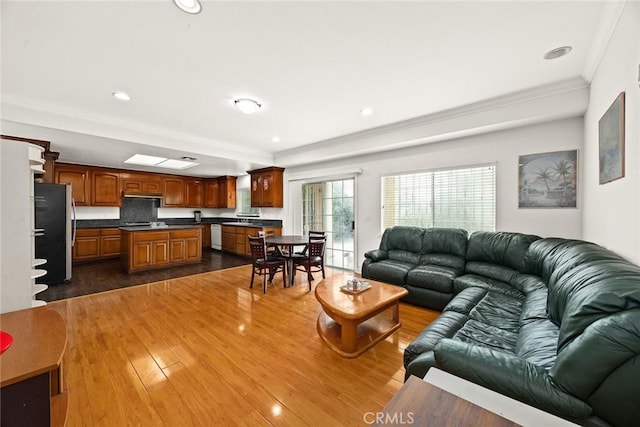 3453 Ivar Ave, Rosemead, CA 91770 - living area featuring crown molding, dark wood-style flooring, and recessed lighting
