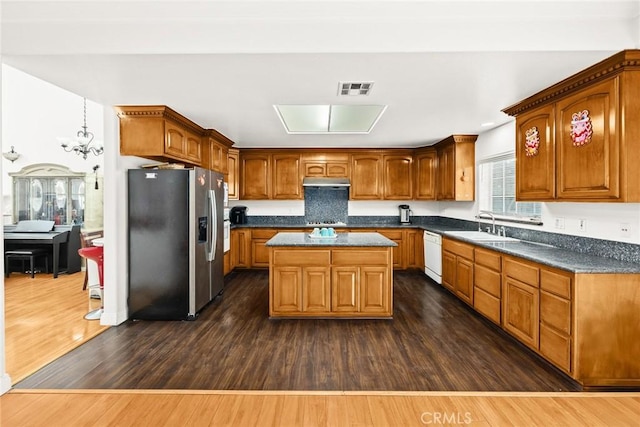 3453 Ivar Ave, Rosemead, CA 91770 - kitchen featuring stainless steel fridge with ice dispenser, white dishwasher, dark countertops, and dark wood-type flooring