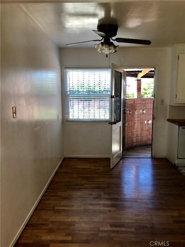 12961 Panama St, Los Angeles, CA 90066 - unfurnished dining area featuring dark wood-style floors and ceiling fan
