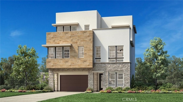 25 Remy Ln, Montebello, CA 90640 - modern home with driveway, a garage, stone siding, and stucco siding
