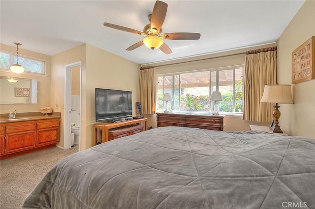 1842 Fern Hollow Dr, Diamond Bar, CA 91765 - bedroom with light colored carpet, connected bathroom, and ceiling fan