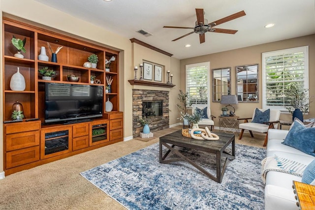 5146 Delaney Ct, Carlsbad, CA 92008 - living room featuring ceiling fan, carpet floors, a stone fireplace, and recessed lighting